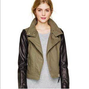 Mackage Black Minella Leather Khaki Olive Canvas Biker Moto Jacket